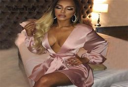 Glamm Lady Bodycon Party Sexy Dresses Women Deep V Neck Satin Mini Dress Pink Woman Summer Dress Female Bandage Vestidos 2106037108428