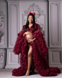 Party Dresses PuTao Burgundy Maternity For Po Shoot Robe With Bow Puffy Mesh Kimono Pregnant Full Sleeves Custom Made Prom Dress