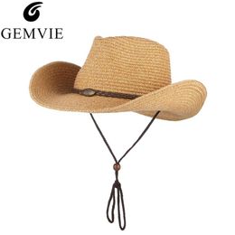 Gemvie Western Cowboy Sun Wind Lanyard للرجال نساء على نطاق واسع قبعة قش شاطئ بنما الصيد الصيد القبعات الصيفية L2405 L2405