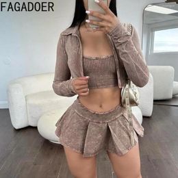 Work Dresses FAGADOER Fashion Tie Dye Vintage Y2K Street Women Vest Long Sleeve Coat Mini Pleated Skirts Outfits Female Thick Ribber