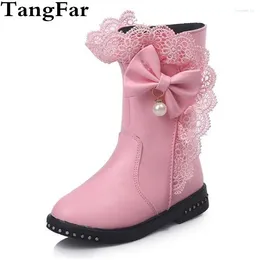 Boots Girl Lace Bow High Warm Plush Leather Waterproof Children Snow Boot Party Kids Rhinestone Shoes