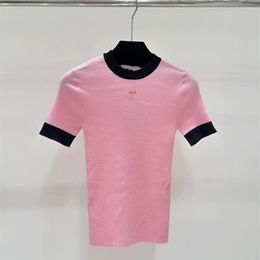 5192024 Runway Summer Brand SAme Style Sweater Short Sleeve Pink Blue Crew Neck Womens Clothes High Quality Womens qian