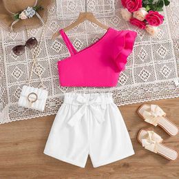 Clothing Sets New Summer Stylish Girls Halter Ruffled Asymmetrical Top + White Shorts Set Cute Vocation Birthday Party Daily Casual Suit Y240520NE79