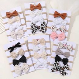 Hair Accessories 3/4 pieces/set newborn lace printed bow headband for children and girls nylon elastic headband baby hair accessories gift d240520