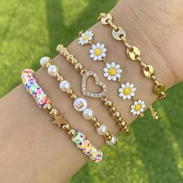 Ayçiçeği Top Polimer Kil Zinciri Bilezikler Set Kadınlar Trending Rhinestone Love Heart Bangles Bohem Çiçek Çift Takı YFA1982