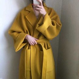 Women Wool Blends Womens Yellow Elegant Winter Overcoat Long Bandage Woolen Coat Cardigan Loose Plus Size Outwear With Pocket Turn Down