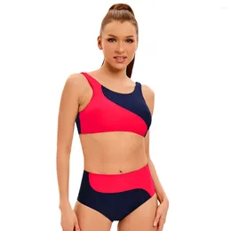 Women's Swimwear Red Blue Patchwork Swimsuit Women 2024 High Waist 2-Piece Bikini U-neck Suspender Backless Bathing Suit Beach