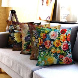 Cushion Decorative Pillow Oil Painting Flower Printed Cases Yellow Red Decorative Covers Plant Throw Pillows For Living Room Sofa 2412