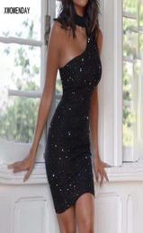 Casual Dresses Bodycon Dress Sexy Backless One Shoulder Black Ladies Sequin Glitter Club Outfits For Woman Party Night 2021 Plus S8197721