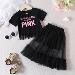 Clothing Sets Girls Short Sleeve Letter Print Tassels T-shirt Tops Black Gauze Skirt Children's Casual Clothes For 2-6Y