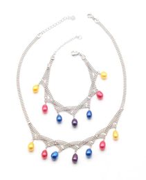 Freshwater Rice Pearl Pendant Necklace Bracelet Sets 78mm Dyed Colour Oval Pearl Mounted On Silver Plated Chain Necklace for Women7220867