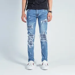 Men's Jeans The Latest Fashionable Street Blue Jeans. Elastic Slim Fit Retro Slit With Distressed Patches. Designer Hip-hop Bran