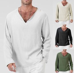 V Neck Mens T Shirts Full Sleeves Linen Cotton Long Sleeve TShirt Men Gothic Hippie Clothing Loose Male t shirt Autumn6466619