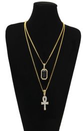 Wholesale-New Designer Egyptian Ankh Key of Life Bling Rhinestone Pendant With Red Ruby Pendant Necklace Set Men Hip Hop Jewelry5743974