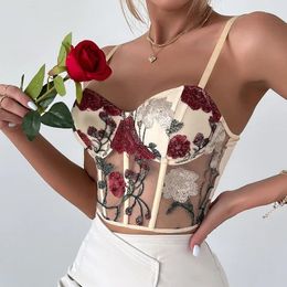 Women's Tanks ITOOLIN Women Mesh Hollow Out Sexy Crop Tops Tube Top Spring Summer Flower Embroidery Sweet Tank Spaghetti Camis Streetwear