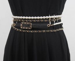 Belts Women039s Runway Fashion Pu Leather Chain Pearl Cummerbunds Female Dress Coat Corsets Waistband Decoration Belt R35544170354