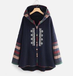 Single Breasted Hooded Jacket Women Vintage Print Floral Embroidery Autumn Winter Outwear 5XL Plus Size MidLength Coat Women0394838450