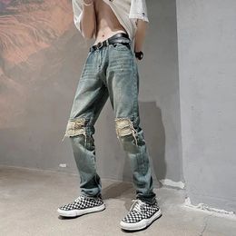 Trousers Ripped with Slits Stretch Jeans for Men Broken Elastic Male Cowboy Pants Torn Holes Skinny Tight Pipe Slim Fit Luxury 240508