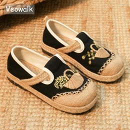 Casual Shoes Veowalk Basket Embroidered Women Linen Cotton Flat Espadrilles Loafers Breathable Slip On Walking Black Grey Beige