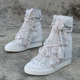 Boots White Height Increasing Tassel Woman Ankle Fashion Leather Suede Fringed Lace-Up High Top Wedges Women Shoes