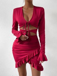 Sexy V-Neck Dress with Bell Sleeves, Hollow Out Design, Ruched Bodycon Fit, and Flirty Short Hem