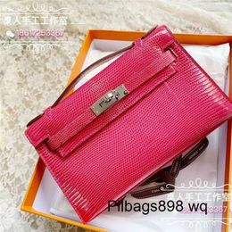 Platinum Lizard Leather Handbag 7A Kliys 9O Raspberry Pink Hand sewn Wax Thread Mini First Generation Bag 22cm Lizard Skin Silver Button