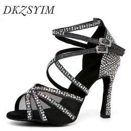DKZSYIM Rhinestone Women Latin Dance Shoes Latin Salsa Girl Dancing Shoes Black Shiny Ballroom Dance Shoes For Girls Ladies 240520