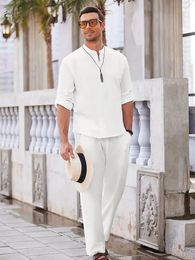 Cotton linen blend retro elegant mens two-piece casual V-neck Henry long sleeved shirt drawstring pants autumn set 240430