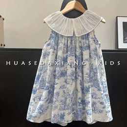 Girl's Dresses Frock For Girl Dress Retro Lotus Leaf Collar Ink Painting Tank Top Skirt Flower Baby Girl Dresses 1 2 4 6 8 9 10 11 Childrens Clothing d240520