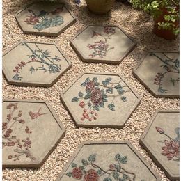 Decorative Flowers Outdoor Courtyard Lawn Stepping Stone Garden Cement Foot Pedal Plant And Flower Relief Decoration Hexagonal Paving Bricks