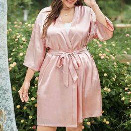 2024 Plus size casual loose tie up bathrobe, home clothing, thin ice silk pajamas, women's imitation silk cardigan