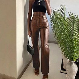 Women's Pants Trousers Spring Autumn Fashion Slimming PU Casual Straight Leg Long Leather Ground