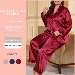 Large size pajama women's long imitation silk sexy pajama dress fashion casual loose tie up pajama set