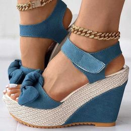 Sandals Brand new womens platform denim sandals fashion bow mixed color wedge high heels womens sandals casual party womens shoes J240520