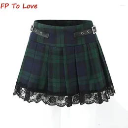 Skirts Y2K High Waist College England Style Green Plaid Half-body Skirt Anti-Walking Pleated Lace Splicing Short