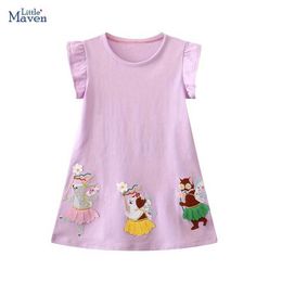 Girl's Dresses Little Maven 2024 Summer Childrens Clothing Cotton Purple Cartoon Animal Short sleeved Dress Preschool Baby Clothing d240520