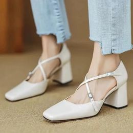 Dress Shoes Retro Versatile Cross Strap Sandals 2024 Summer Square Headed Thick Heel Hollow Fairy Style Women's