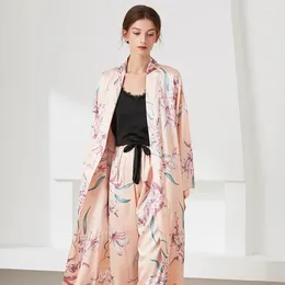 Home Clothing 3 Pieces Pyjamas Set Women Casual Kimono Bathrobe Gown Lounge Wear Lace Patchwork Satin Sleepwear Pyjamas Print Flower