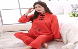 Hat Red Ladies Faux Silk Pyjamas Set Chinese Traditional Button Pyjamas Suit 2PC ShirtPant Spring New Sleepwear MXXL14951195