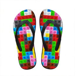 Flats Customised Women House Slippers Slipper 3D Tetris Print Summer Fashion Beach Sandals For Woman Ladies Flip Flops Rubber 605