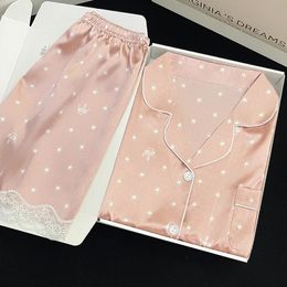 Summer Ladies Sweet Satin Silk Floral Printed Pyjamas Short SleevePants Women Ice Silk Cute Homewear Casual Wear 240520