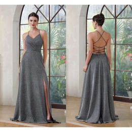 Sier Side Split Grey Reflective aftonklänningar med Pocket Sequined V Neck Criss Cross Backless A Line Women Ocn Party Gowns Prom Dress Custom Made BM3218 5.20