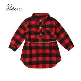 2024 Brand Christmas Infant Kid Baby Girl Long Shirt Dress Tops Long Sleeve Red Plaid Straight Knee-Length Dress Belt 0-5Y 240518