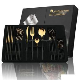 Flatware Sets Tableware Knife Fork Spoon Stainless Steel Set 24Pcs Golden Handle Cutlery With Festival Kitchen Dinnerware Gift Box D Dhljd