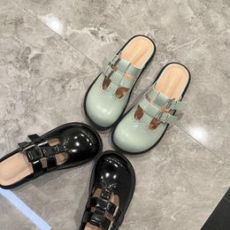 Slippers Black Round Toe Metal Buckle Ladies Spring Hollow Flat Mules Genuine Leather Mary Janes Dress Shoes Brand Designer