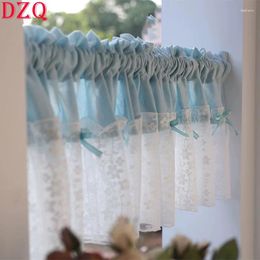 Curtain Solid Blue Stitching Lace Short Curtains South Korean Bow Half Kitchen Valance #A561