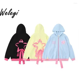 Women's Hoodies Sweater Coat Spring Girl Sweet Cool Wind Contrast Colour Star Strap Loose Casual All Match Couple Hoodie Cardigan Top