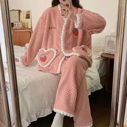 Women's Sleepwear Pyjamas Winter Thick Sweet Pink Homewear Women Pijamas Flannel Cute Sets V-Neck For Pyjamas Nightwear Warm Female