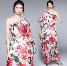 Summer charming one-shoulder women dress lotus sleeve printing for vacation3902179