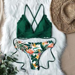 Women's Swimwear Scalloped Hem Lace Up Tropical Print High Cut Bikini Two Piece Swimsuit Short Sleeve Set